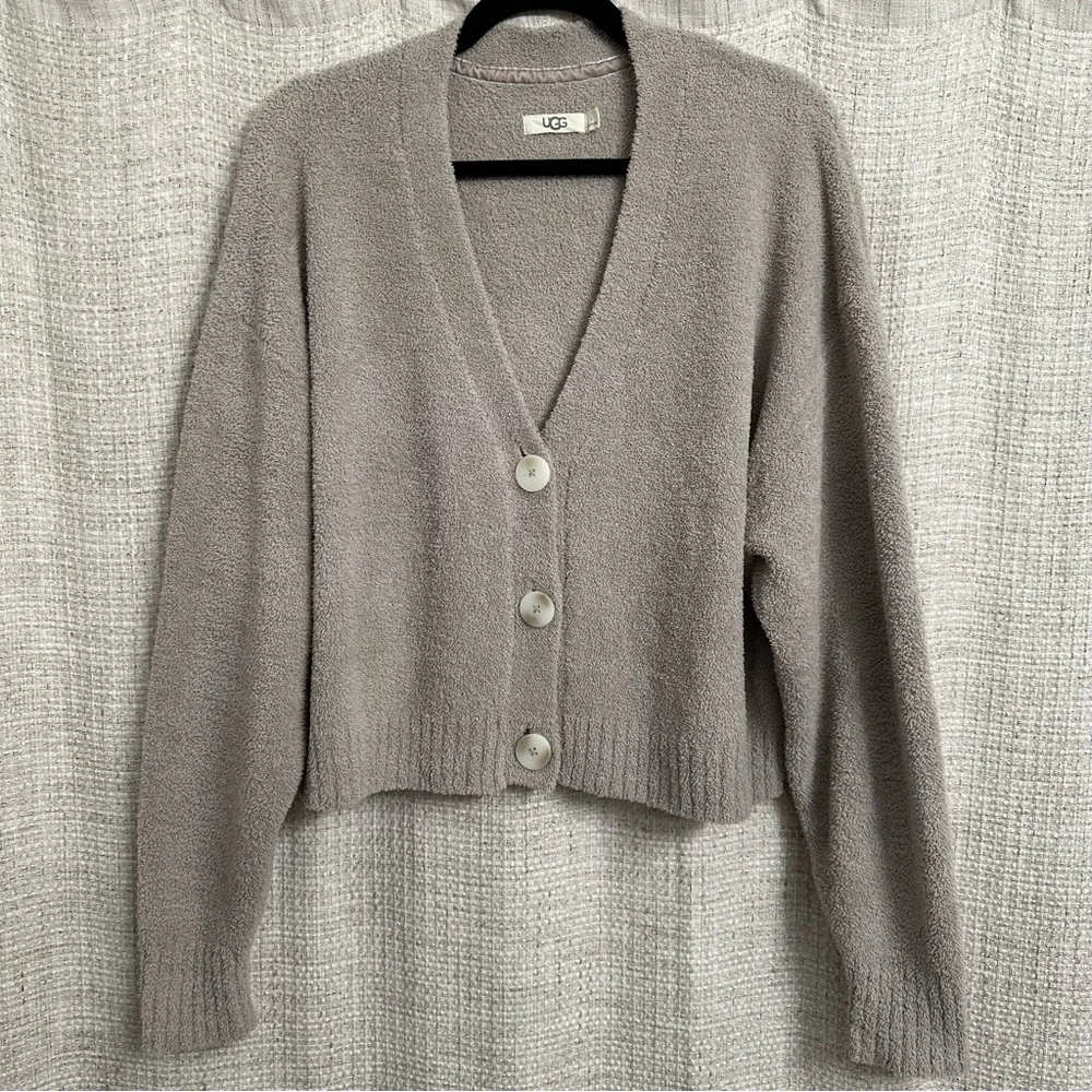 UGG V-Neck Sweater Cardigan Tan Gray Large Cozy Blanket Button Down Long Sleeve